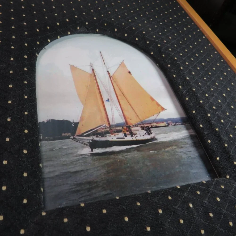 Solid Oak picture frame with glass & black brocade dotted fabric (pic removable)